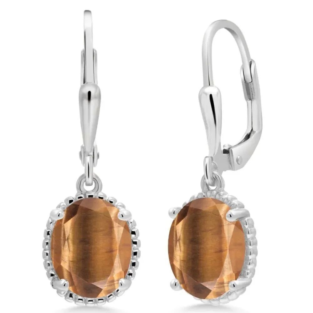 925 Sterling Silver with 3.00 Cttw Brown Tiger Eye Oval Leverback Earrings